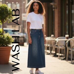 Wash Lab | Maxi Denim Jean Skirt Raw Hem Back Slit Asymmetrical Blue Size 25 (2)